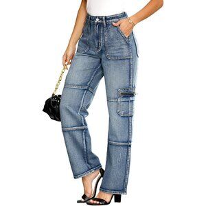 Womens Cargo Jeans High Waisted Straight Wide Leg Trendy Zipper Pockets